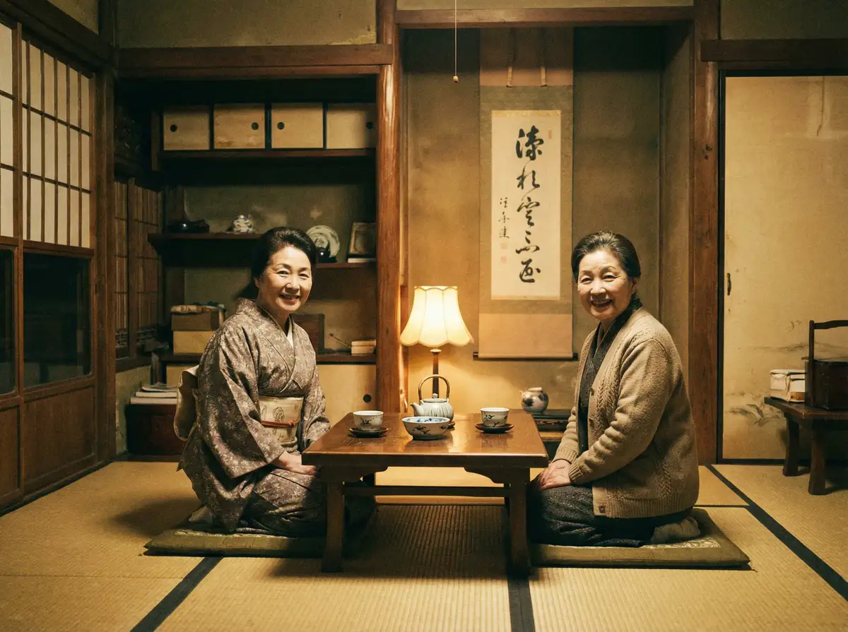两位优雅的 91樱花 在日式茶室中品茶交谈